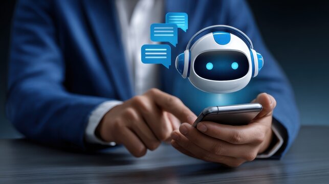 Person using a smartphone interacting with a friendly chatbot with headphones and speech bubbles signifying communication