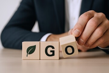 Naklejka premium Businessman arranging wooden blocks spelling out eco friendly and sustainable goals.