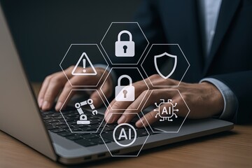 Businessman Using Laptop with Security and AI Technology Icons Overlay.