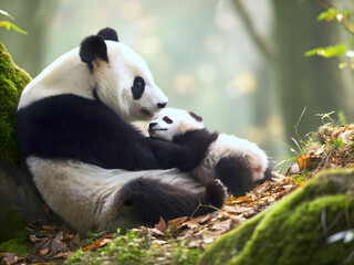 Tender Mama Panda Cuddling Her Adorable Baby Cub