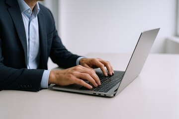Professional business person typing on laptop in office workspace with modern decor.