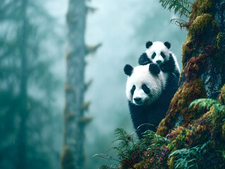 Mama Panda with Baby on Back in Misty Forest