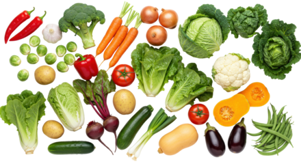 An assortment of fresh, ripe, individually defined vegetables with natural textures and vibrant hues, distinctly isolated on a pristine transparent background with ample copy space, precise top-down