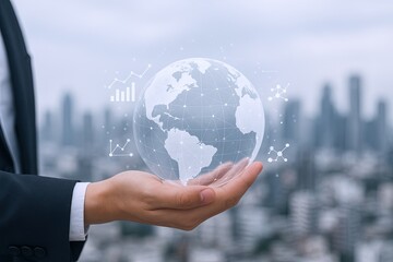 Businessman holding a holographic globe with digital data icons over city skyline background.