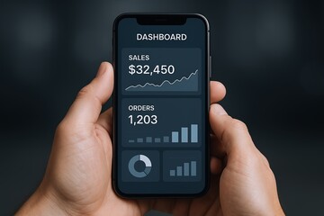 Close-up of a person's hands holding a smartphone displaying sales data dashboard with graphs and charts.