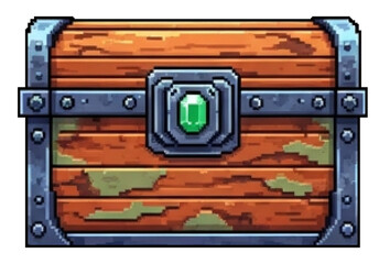 Pixel Art Ruined Wooden Chest with Green Gemstone Lock - Retro 8-Bit - 2D pixel art games