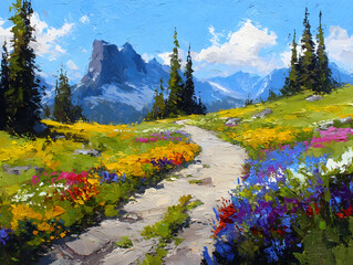 Winding Mountain Trail Through a Meadow of Wildflowers