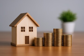Small wooden house model with stacks of coins glossy financial growth concept.
