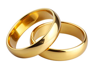  Pair of intertwined gold wedding rings with soft reflections, isolated on transparent background PNG   