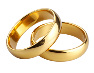  Pair of intertwined gold wedding rings with soft reflections, isolated on transparent background PNG   