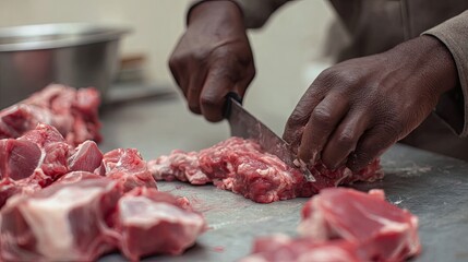 A butcher cutting certified clean pork meat labeled as Pishcha Meat for Arab cooking