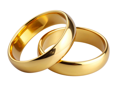  Pair of intertwined gold wedding rings with soft reflections, isolated on transparent background PNG   