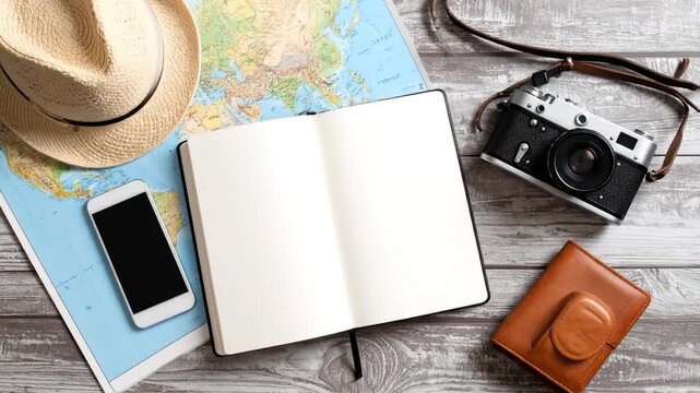 Flat lay of travel items hat, world map, open notebook, phone, camera, wallet on a wooden surface