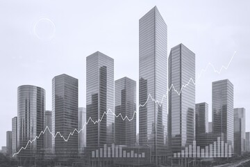 Fototapeta premium Modern city skyline with tall skyscrapers and financial graph overlay on cloudy sky.