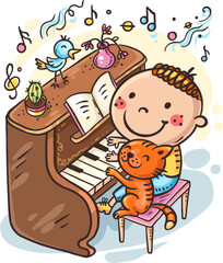 Boy and Cat Playing Piano Music Clipart