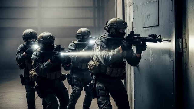 A special forces team in full tactical gear with weapons and flashlights prepares to breach a door in a dark environment, a scene representing an operation, teamwork and security