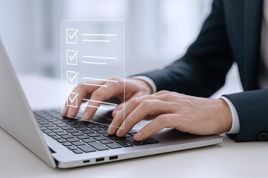 Business professional typing on laptop with digital checklist overlay in modern office. - Powered by Adobe