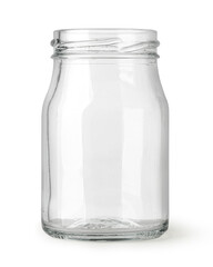 Empty glass jar with a wide mouth opening, standing on white background