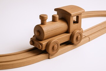 Wooden toy train on curved track for children kids play wooden transportation.