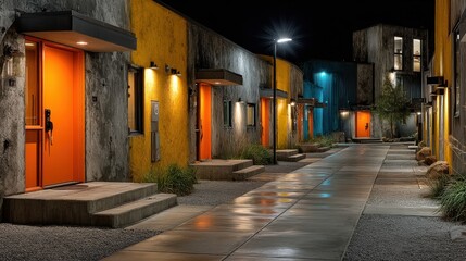 Fototapeta premium Modern Urban Townhouses at Night: Colorful Facades, Orange Doors, and Illuminated Walkway in a Contemporary Residential Area