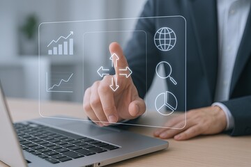 Business professional using futuristic digital interface for data analysis and communication.