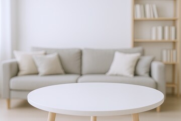 Modern Minimalist Living Room Interior with White Couch and Wooden Shelves.