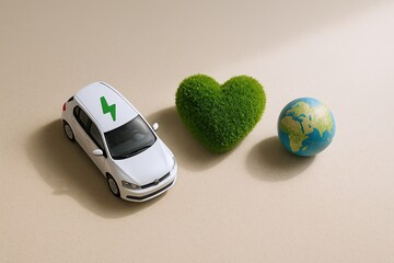 Eco friendly electric car with green heart and globe representing sustainability.