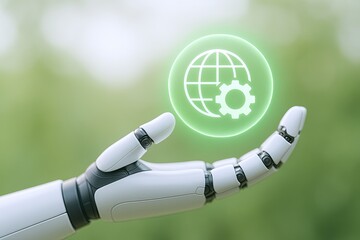 Futuristic robotic hand holding glowing green globe with gear and network icons.