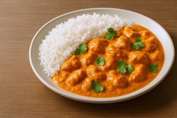 Classic Indian Style Chicken Curry with Rice Garnished with Fresh Cilantro in White Bowl.
