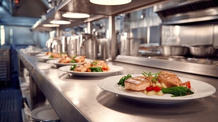 Kitchen station in open restaurant with plated dishes waiting to serve