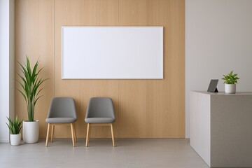Minimalist Modern Office Waiting Area with Two Chairs Potted Plants and Whiteboard.
