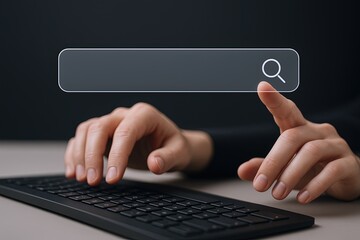 Close-up of a person using a computer keyboard with a search magnifying glass icon overlay.
