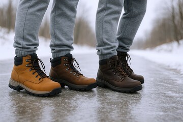 Close-up of two people wearing insulated winter boots standing on an icy road during a snowy day.