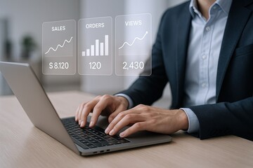 Businessperson analyzing sales data and growth charts on laptop screen in office.