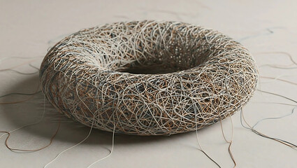 Abstract Torus Sculpture Composed of Intertwined Metallic Threads