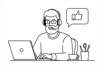 Smiling man with headphones and glasses working on laptop, giving a thumbs up