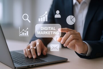 Businessman engaging with digital marketing tools and analytics on laptop screen.