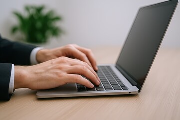 Close-up of hands typing on a modern laptop computer with a wooden desk background.