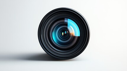 Camera lens, studio shot, white background, sunset reflection, photography