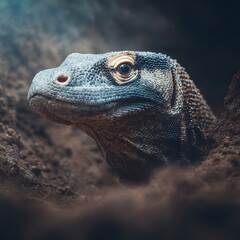 Close-up of a Komodo dragon emerging from the earth, showcasing its textured skin and keen gaze