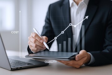 Business professional analyzing financial growth data on digital tablet with graph illustrations.
