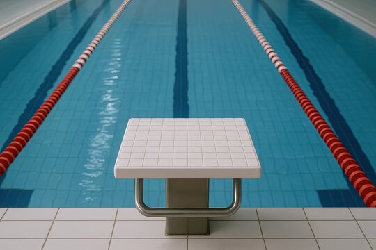 Indoor swimming pool with empty starting block and lane dividers in a modern aquatic facility.