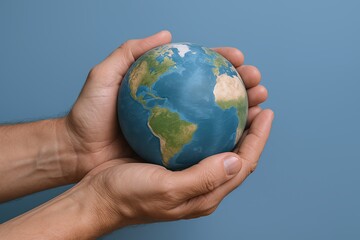 Hands Holding a Small Earth Globe with continents and oceans in front of blue background.