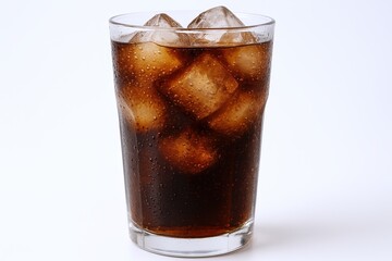 Refreshing Cold Soft Drink with Ice Cubes in Clear Glass on White Background.