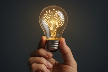 Hand holding glowing light bulb with circuit pattern representing innovation and technology.