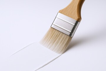 Close-up of a paintbrush spreading white paint on smooth white surface for art.