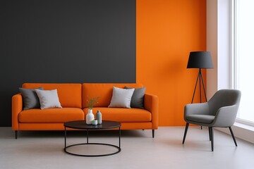 Fototapeta premium Modern living room with orange sofa gray armchair black side table and contemporary decor.