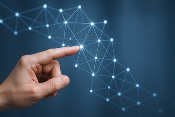 Human hand touching digital network connection with futuristic technology visualization.