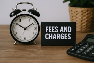 Classic black alarm clock and black sign with white text reading fees and charges on wooden surface.