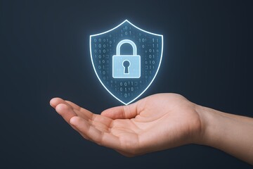 Digital security shield with padlock icon and binary code representing cybersecurity.